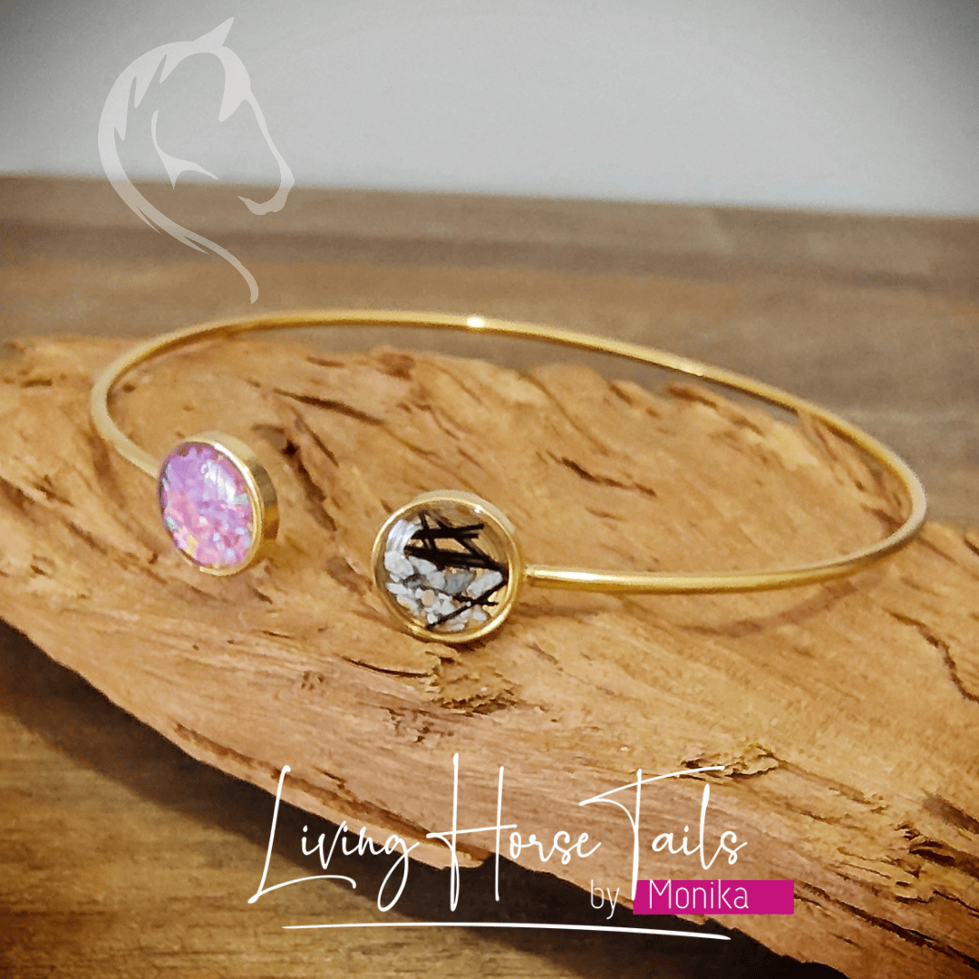 Living Horse Tails Stainless steel keepsake cuff bangle with opal Custom jewellery Monika Australia horsehair keepsake