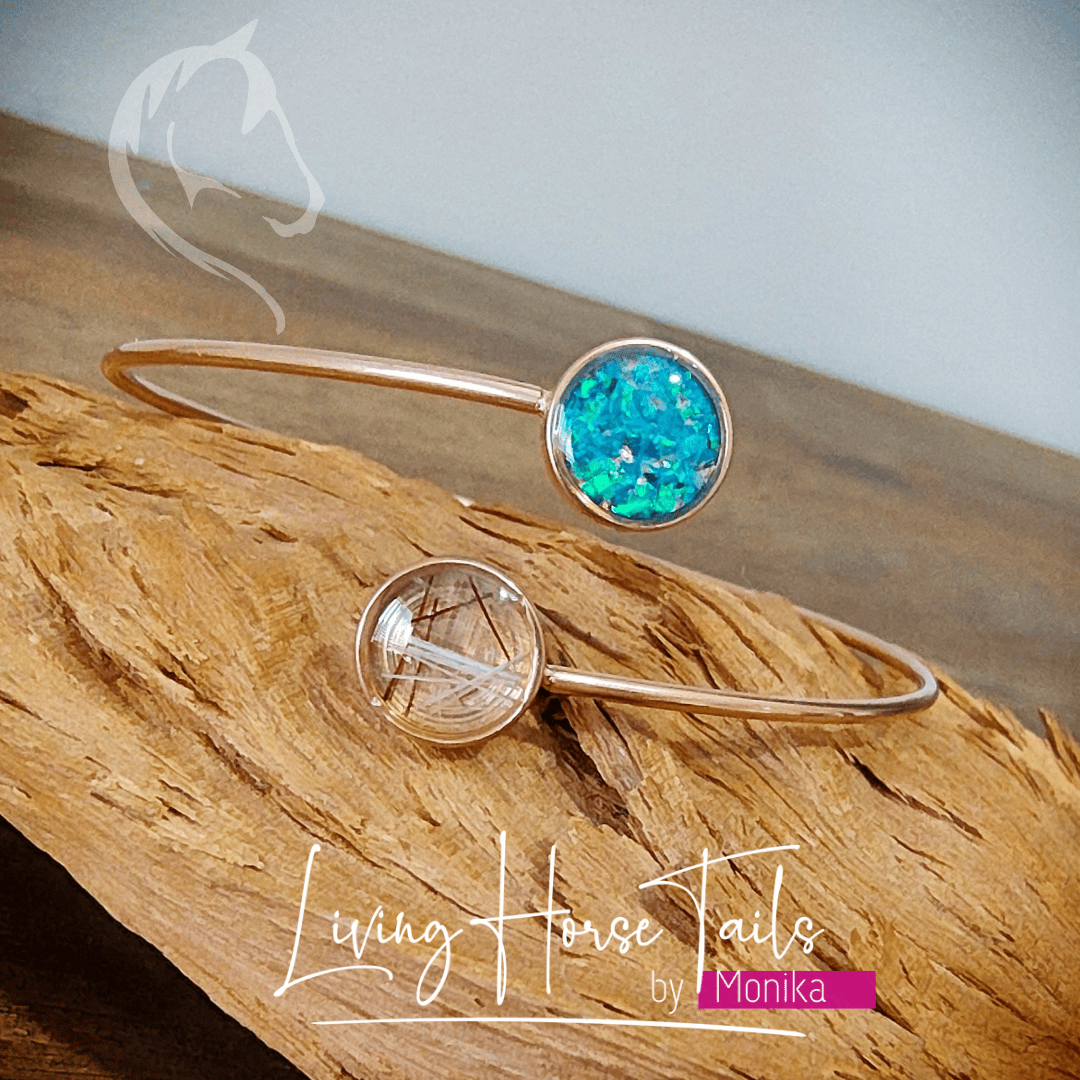 Living Horse Tails Stainless steel keepsake cuff bangle with opal Custom jewellery Monika Australia horsehair keepsake