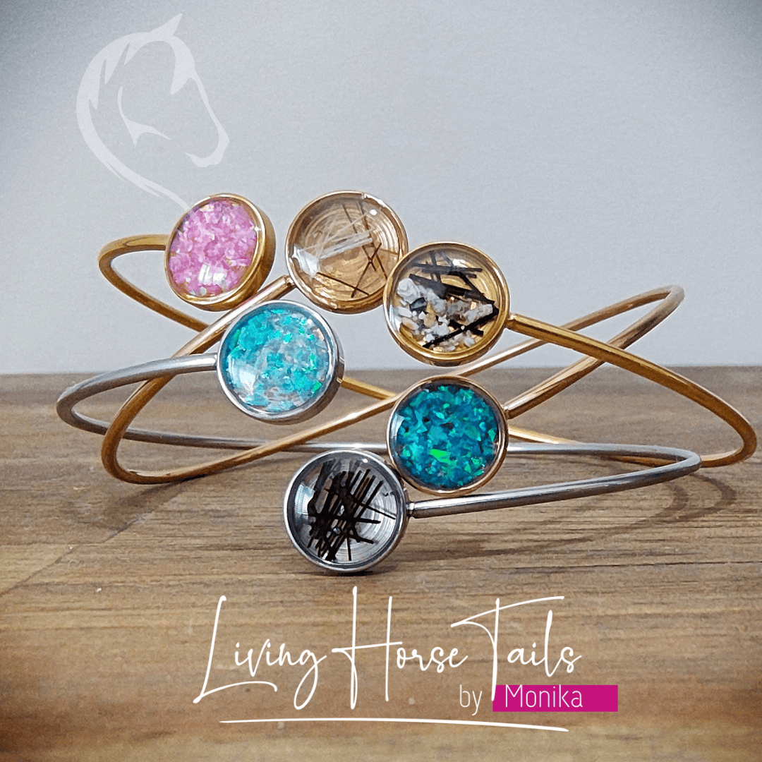 Living Horse Tails Stainless steel keepsake cuff bangle with opal Custom jewellery Monika Australia horsehair keepsake
