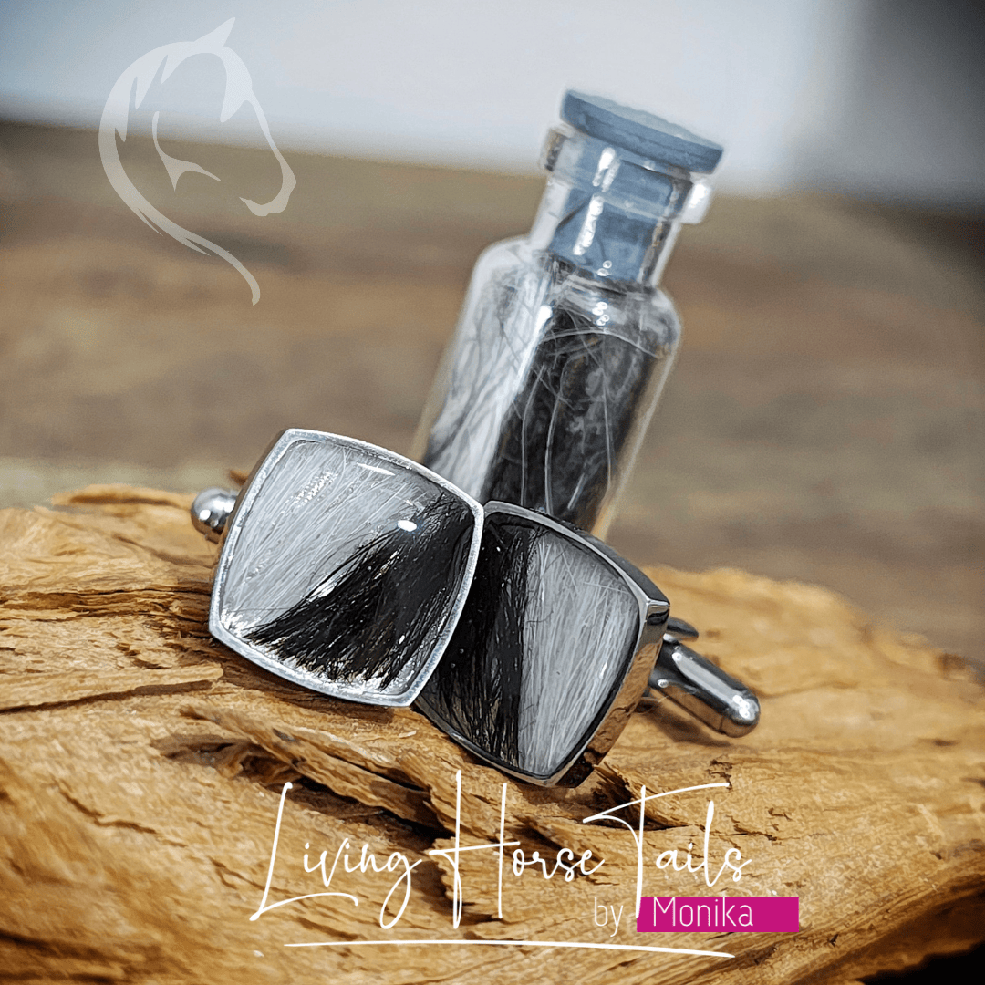 Living Horse Tails Stainless Steel Keepsake Cufflinks - square Custom jewellery Monika Australia horsehair keepsake