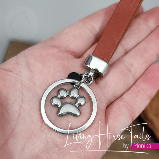 Living Horse Tails Stainless Steel Leather Keyring Fob with paw charm Custom jewellery Monika Australia horsehair keepsake