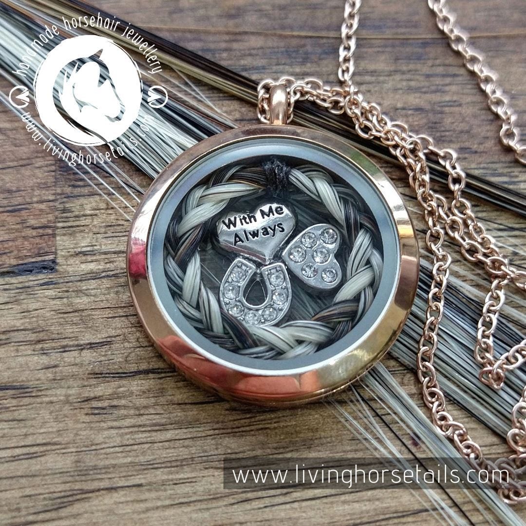 Living Horse Tails Stainless steel memory locket with engraved disc Custom jewellery Monika Australia horsehair keepsake