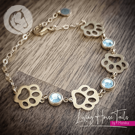 Living Horse Tails Stainless Steel Paw Print Bracelet with crystals Custom jewellery Monika Australia horsehair keepsake