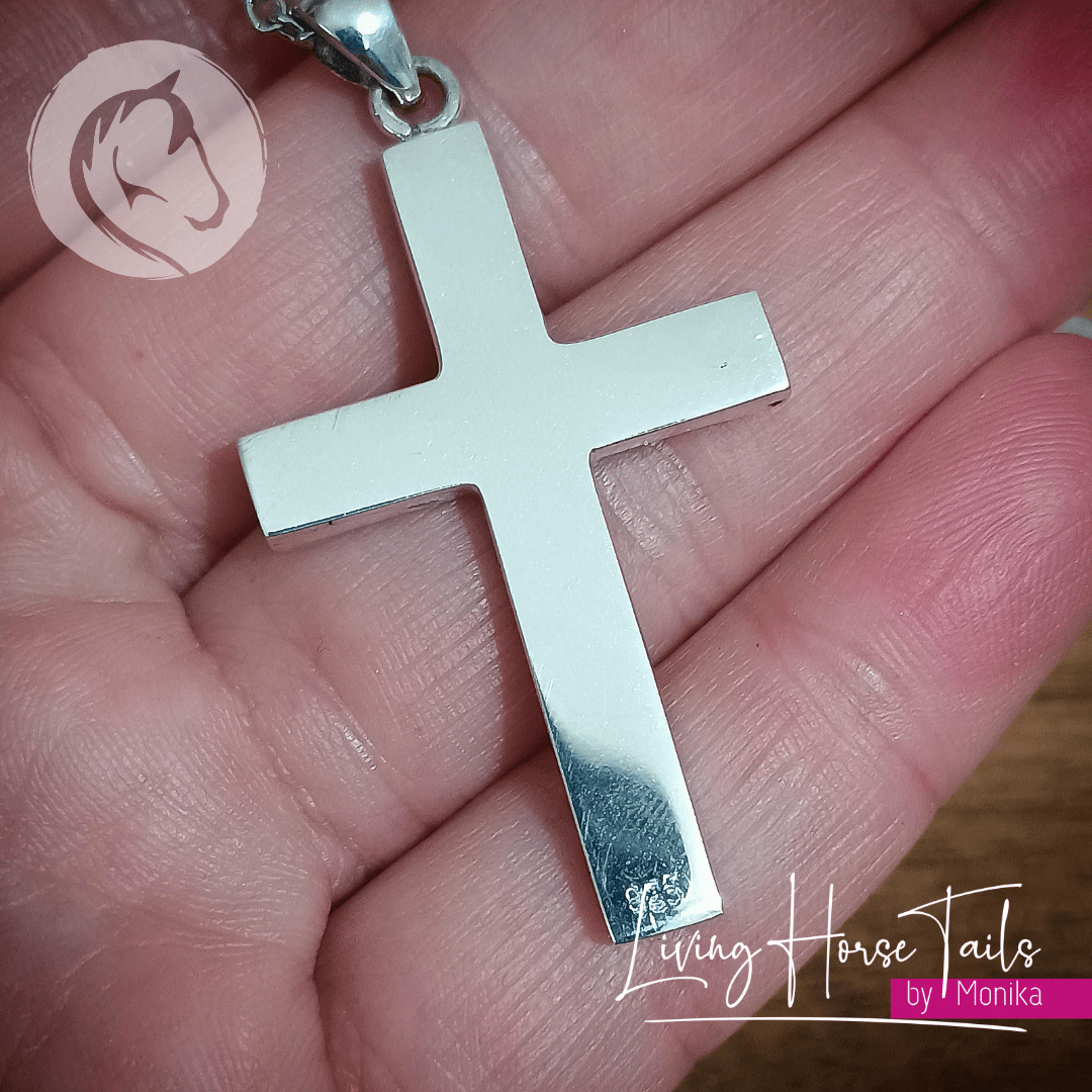 Living Horse Tails Sterling Silver Cross Pendant inlaid with Hair Custom jewellery Monika Australia horsehair keepsake