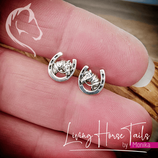 Living Horse Tails Sterling Silver Horse in Horseshoe Earrings Custom jewellery Monika Australia horsehair keepsake
