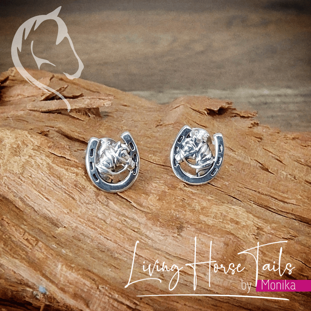 Living Horse Tails Sterling Silver Horse in Horseshoe Earrings Custom jewellery Monika Australia horsehair keepsake