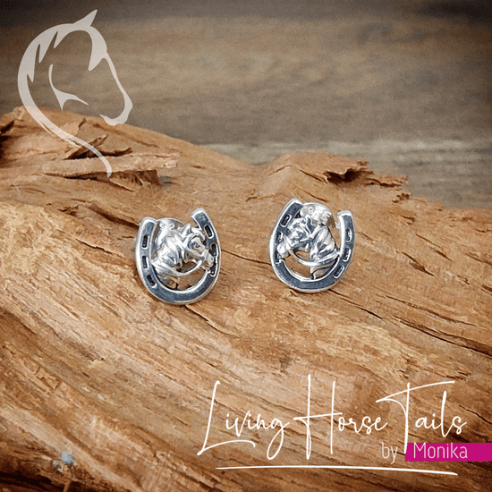 Living Horse Tails Sterling Silver Horse in Horseshoe Earrings Custom jewellery Monika Australia horsehair keepsake