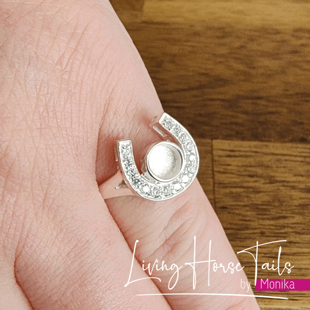 Living Horse Tails Sterling Silver Horseshoe Ring - Style 2 CZ Custom jewellery Monika Australia horsehair keepsake