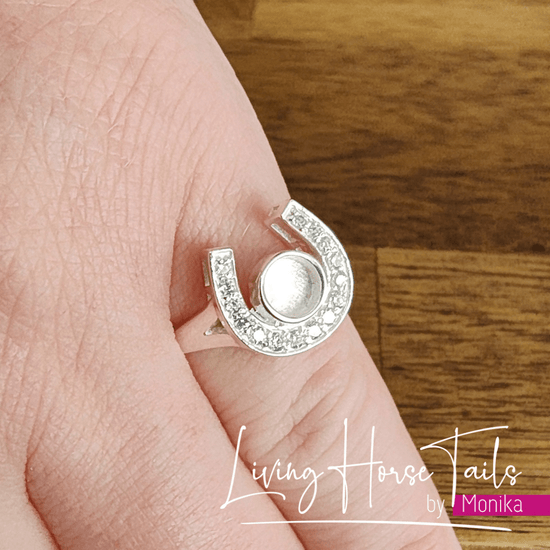Living Horse Tails Sterling Silver Horseshoe Ring - Style 2 CZ Custom jewellery Monika Australia horsehair keepsake
