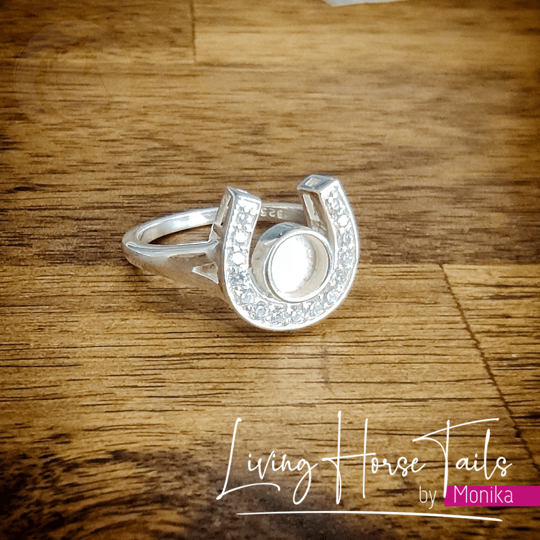 Living Horse Tails Sterling Silver Horseshoe Ring - Style 2 CZ Custom jewellery Monika Australia horsehair keepsake