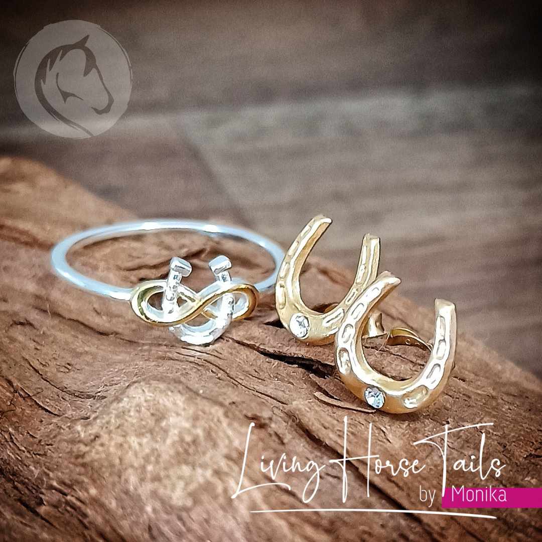 Living Horse Tails Sterling Silver Horseshoe Stud Earrings with Crystal Detail Custom jewellery Monika Australia horsehair keepsake
