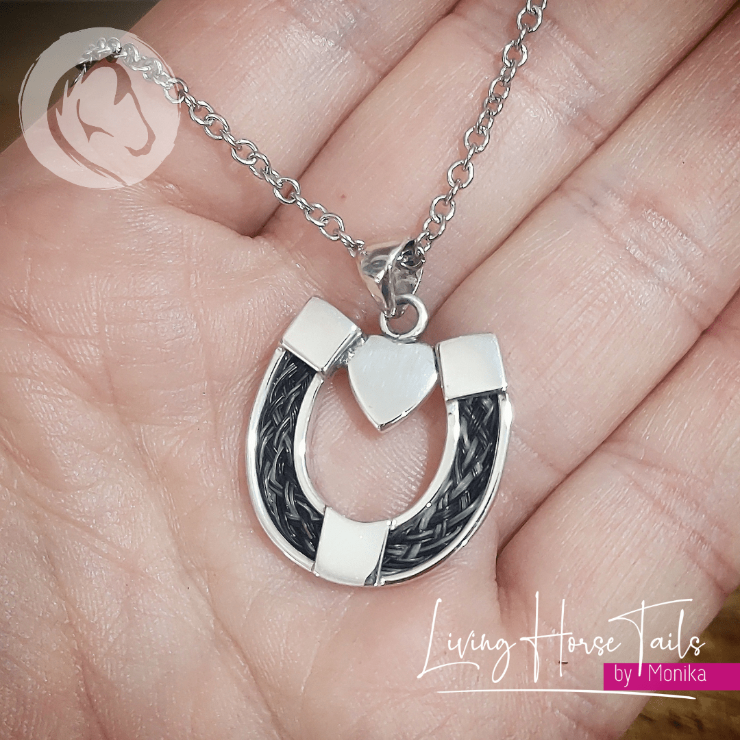 Load image into Gallery viewer, Living Horse Tails Sterling Silver Horseshoe with Heart Pendant inlaid with Horse Hair Braid Custom jewellery Monika Australia horsehair keepsake
