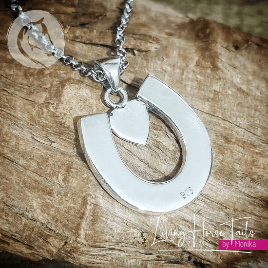 Load image into Gallery viewer, Living Horse Tails Sterling Silver Horseshoe with Heart Pendant inlaid with Horse Hair Braid Custom jewellery Monika Australia horsehair keepsake
