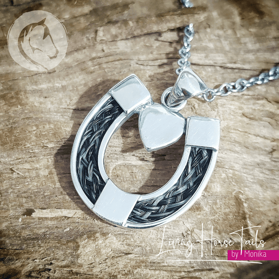 Horseshoe with Heart Pendant inlaid with Horse Hair Braid Living Horse Tails Jewellery by Monika
