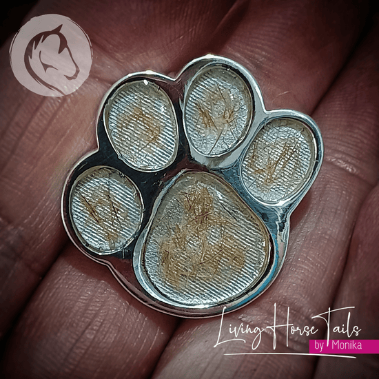 Load image into Gallery viewer, Living Horse Tails Sterling Silver Resin Paw Brooch Pin inlaid with Pet hair Custom jewellery Monika Australia horsehair keepsake
