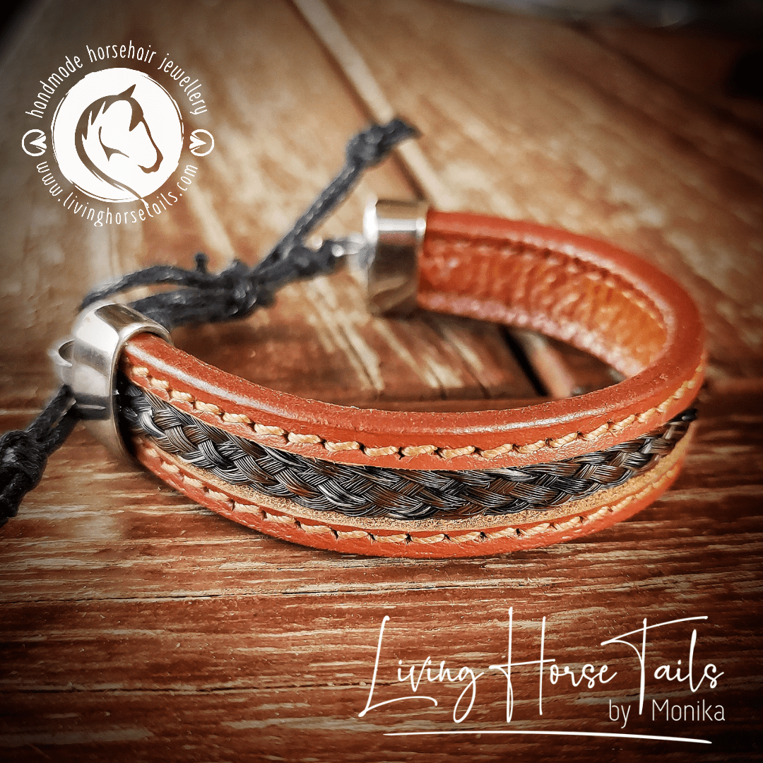 Stitched leather and horsehair stainless steel unisex bracelet