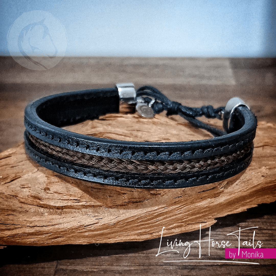 Living Horse Tails Stitched leather and horsehair stainless steel unisex bracelet Custom jewellery Monika Australia horsehair keepsake