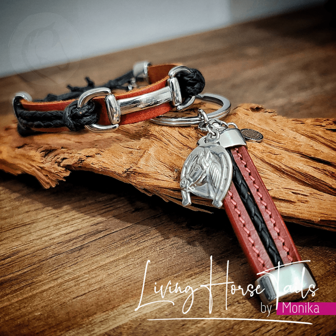 Living Horse Tails Stitched Leather and Stainless Steel Keyring Fob with charm Custom jewellery Monika Australia horsehair keepsake