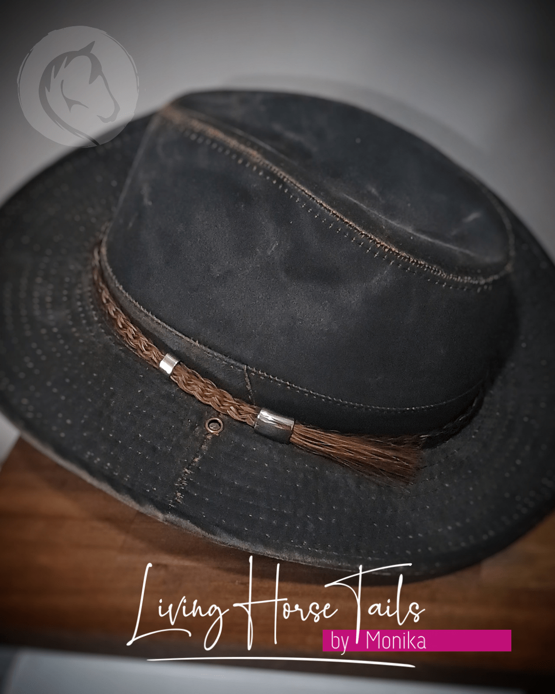 Living Horse Tails Wide Horsehair Braided Hatband with adjustable sliding Tassle Custom jewellery Monika Australia horsehair keepsake
