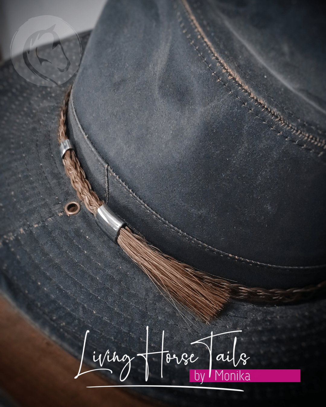 Living Horse Tails Wide Horsehair Braided Hatband with adjustable sliding Tassle Custom jewellery Monika Australia horsehair keepsake