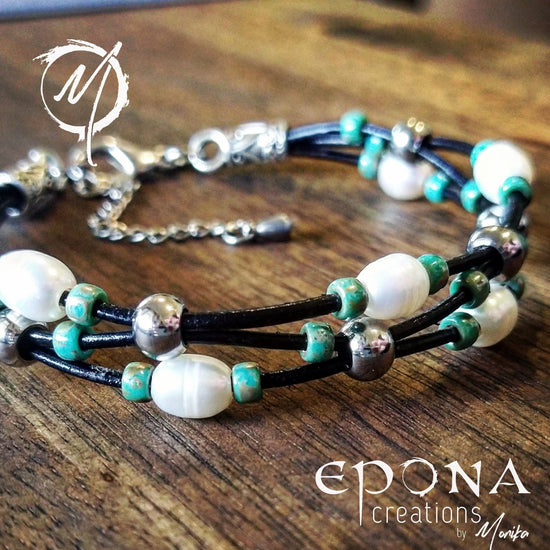 Epona Creations | by Monika - Jewellery and Design Freshwater Pearl and Sea Green Glass Beaded Leather Bracelet Custom jewellery Monika Australia horsehair keepsake