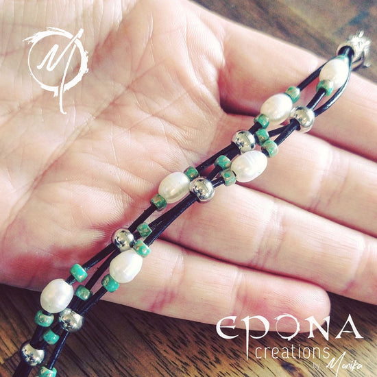 Epona Creations | by Monika - Jewellery and Design Freshwater Pearl and Sea Green Glass Beaded Leather Bracelet Custom jewellery Monika Australia horsehair keepsake