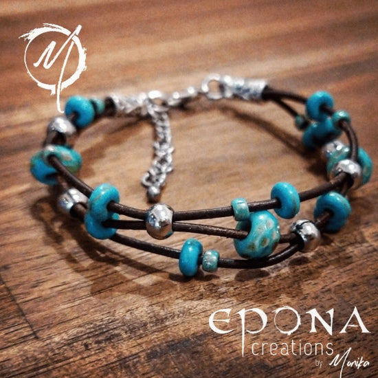 Epona Creations | by Monika - Jewellery and Design Handmade beaded leather bracelet in turquoise look finish. Custom jewellery Monika Australia horsehair keepsake