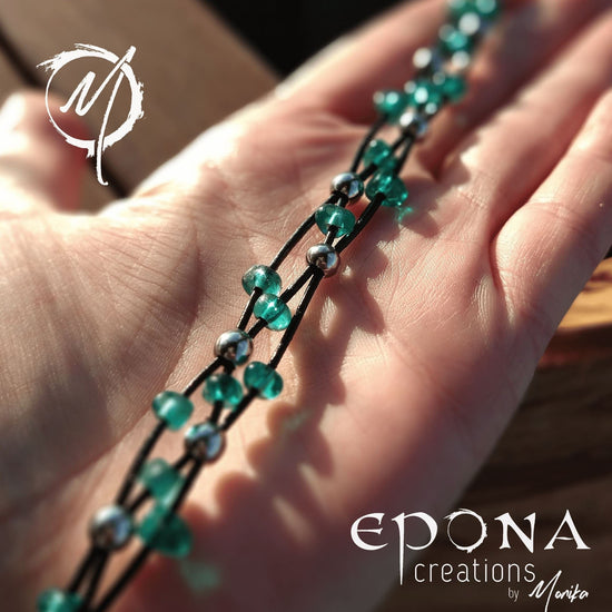 Epona Creations | by Monika - Jewellery and Design Teal Green glass beaded leather bracelet Custom jewellery Monika Australia horsehair keepsake