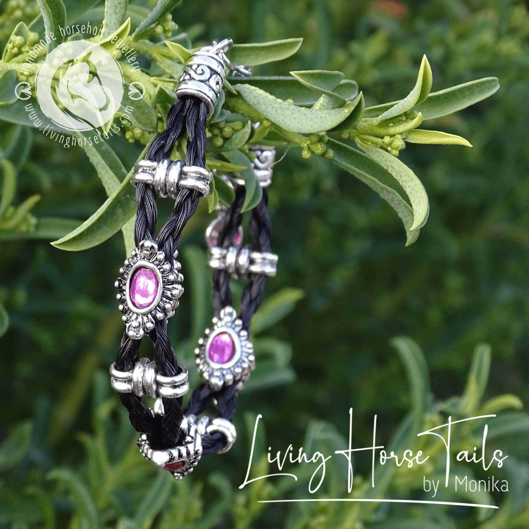 Living Horse Tails Bling Rhinestone Horse Hair Braided Bracelet + Earrings Gift Set - Fuschia Custom jewellery Monika Australia horsehair keepsake