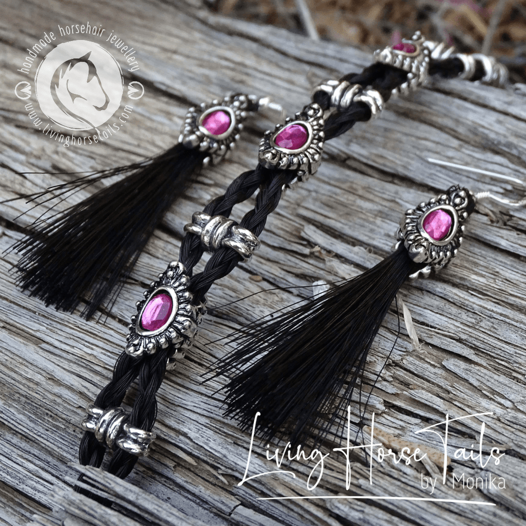 Bling Rhinestone Horse Hair Braided Bracelet Earrings Gift Set