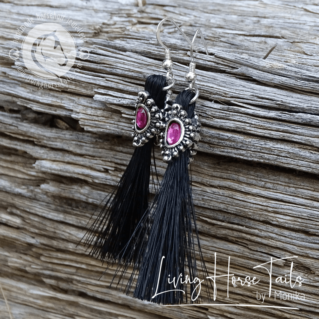 Living Horse Tails Bling Rhinestone Horse Hair Tassle Earrings - Fuchsia. Made using real horsehair. Custom jewellery Monika Australia horsehair keepsake