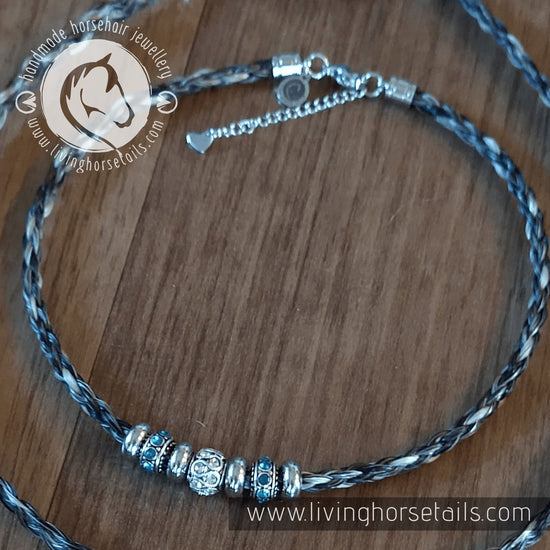 Living Horse Tails Blue Rhinestone Bead Horsehair Braid Wrap Bracelet / Choker with Chain and Clasp Custom jewellery Monika Australia horsehair keepsake