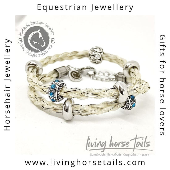 Living Horse Tails Blue Rhinestone Bead Horsehair Braid Wrap Bracelet / Choker with Chain and Clasp Custom jewellery Monika Australia horsehair keepsake