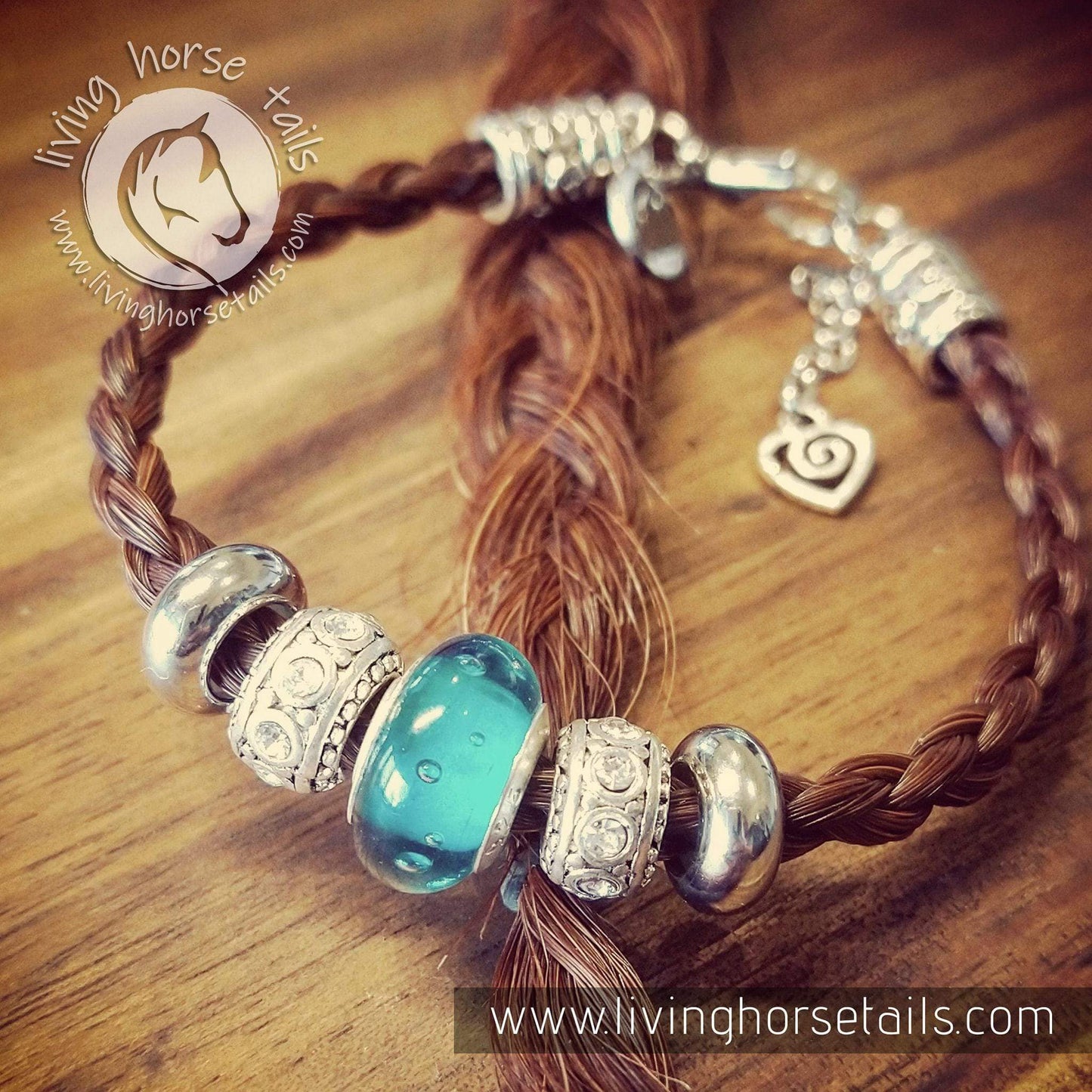 Blue / Teal Glass Bead Horsehair Braid Bracelet in your choice of tail colour Chestnut Stock as pictured Living Horse Tails Handmade Jewellery Custom Horse Hair Keepsakes Australia