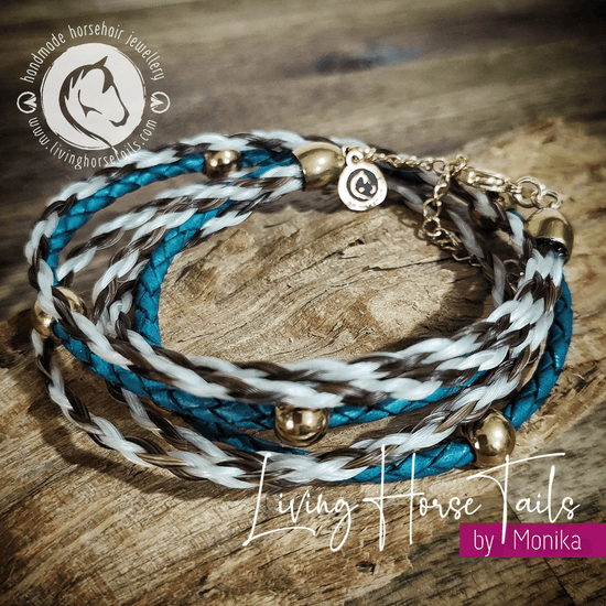 Load image into Gallery viewer, Living Horse Tails Boho Gold Style Horsehair and Turquoise Leather Wrap Bracelet Custom jewellery Monika Australia horsehair keepsake
