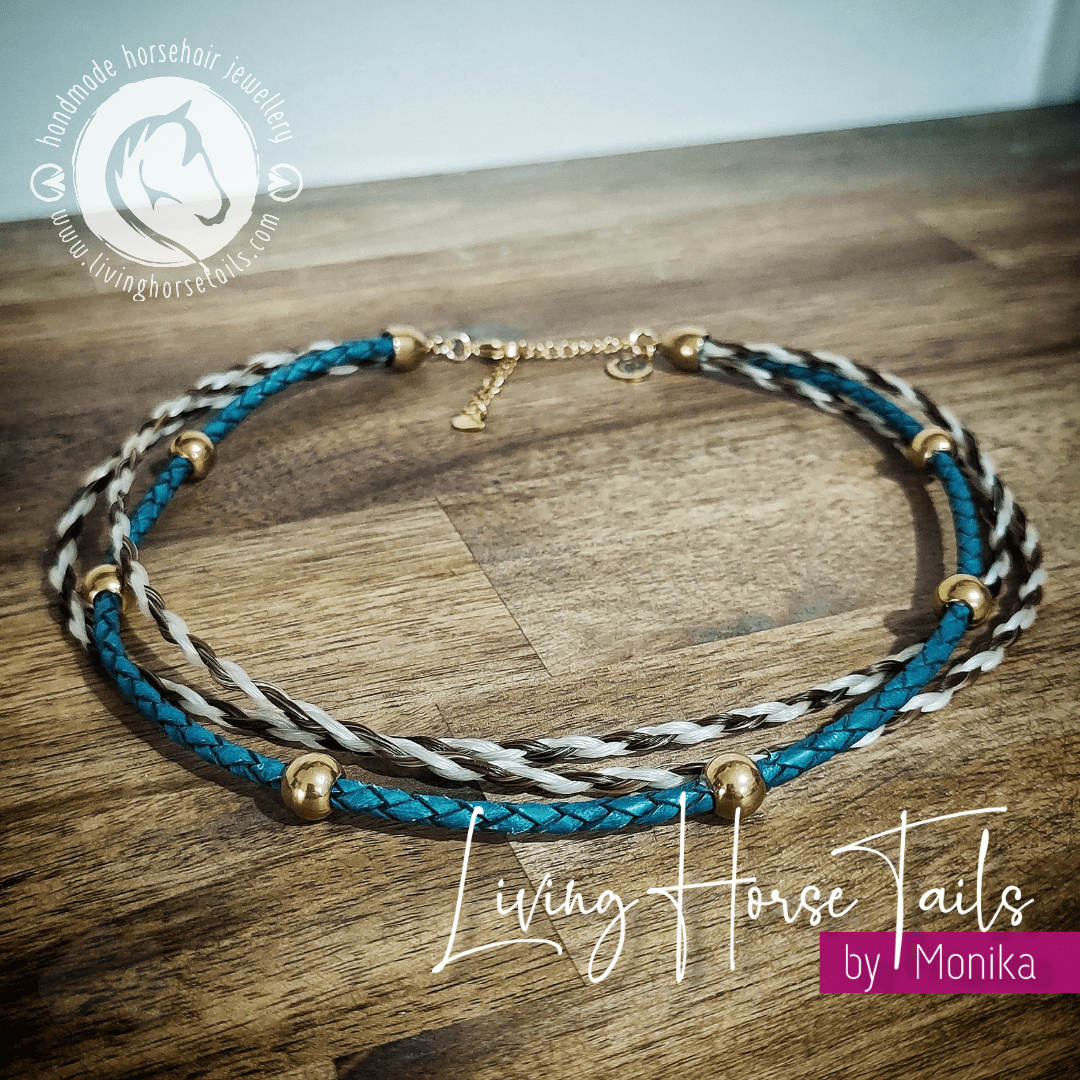Living Horse Tails Boho Gold Style Horsehair and Turquoise Leather Wrap Bracelet Custom jewellery Monika Australia horsehair keepsake