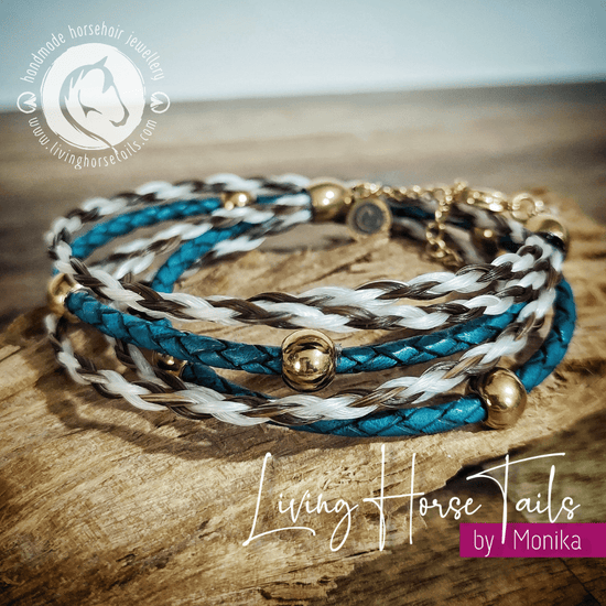 Living Horse Tails Boho Gold Style Horsehair and Turquoise Leather Wrap Bracelet Custom jewellery Monika Australia horsehair keepsake