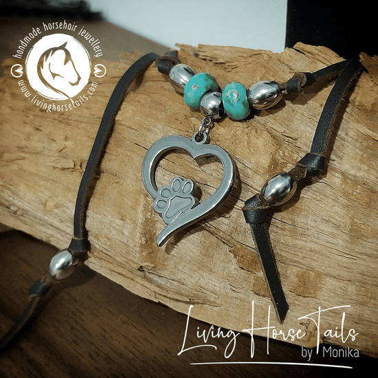 Living Horse Tails Boho Paw print in Heart Leather Necklace with Turquoise & Silver look Beads Custom jewellery Monika Australia horsehair keepsake