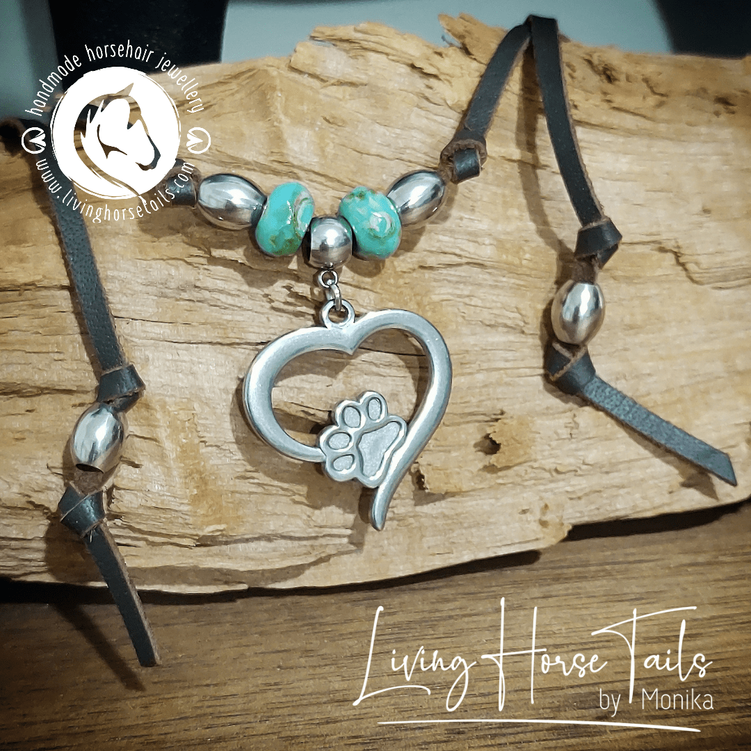 Living Horse Tails Boho Paw print in Heart Leather Necklace with Turquoise & Silver look Beads Custom jewellery Monika Australia horsehair keepsake