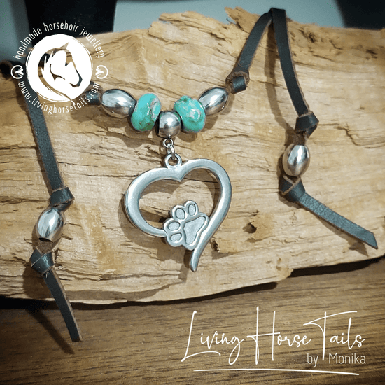 Living Horse Tails Boho Paw print in Heart Leather Necklace with Turquoise & Silver look Beads Custom jewellery Monika Australia horsehair keepsake