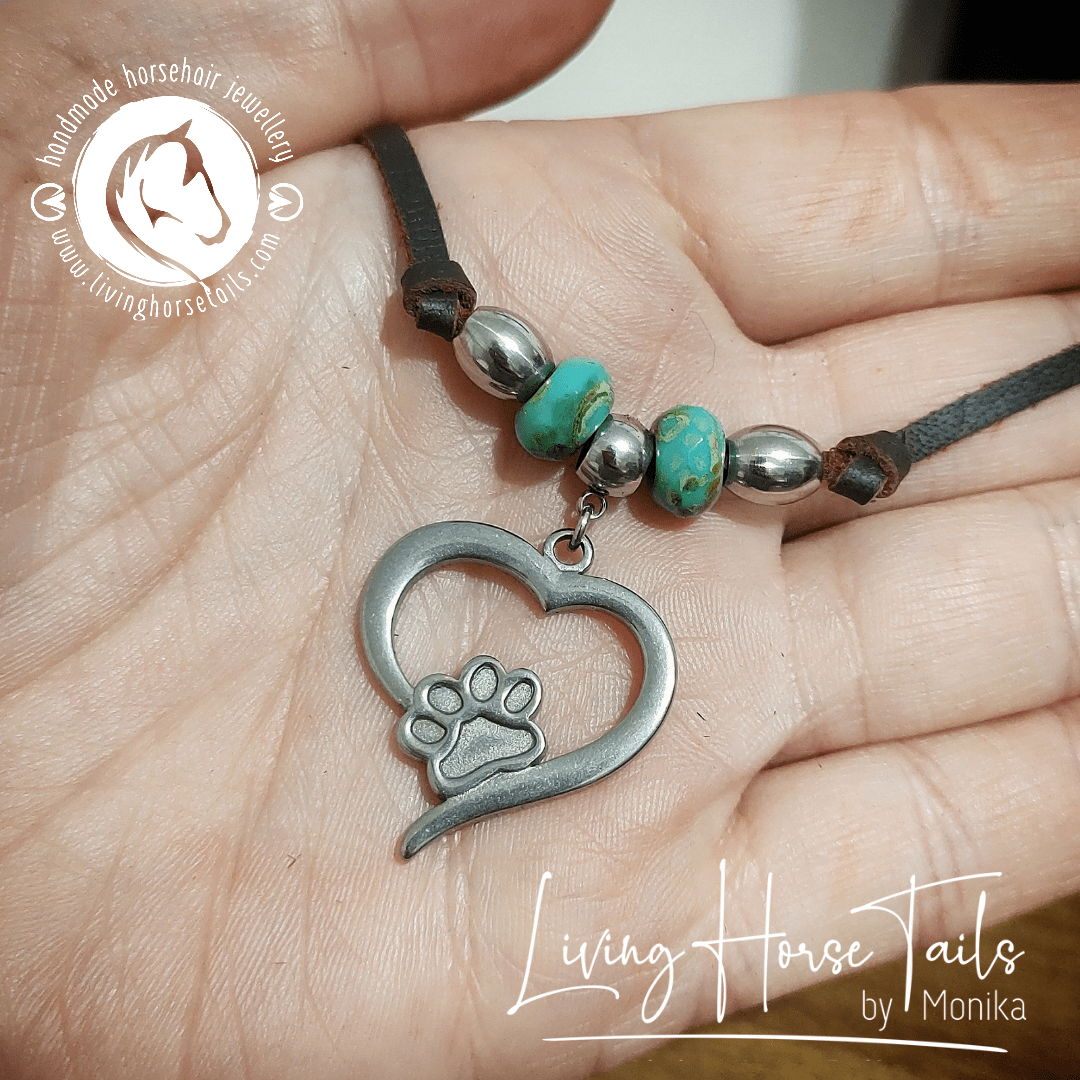 Living Horse Tails Boho Paw print in Heart Leather Necklace with Turquoise & Silver look Beads Custom jewellery Monika Australia horsehair keepsake