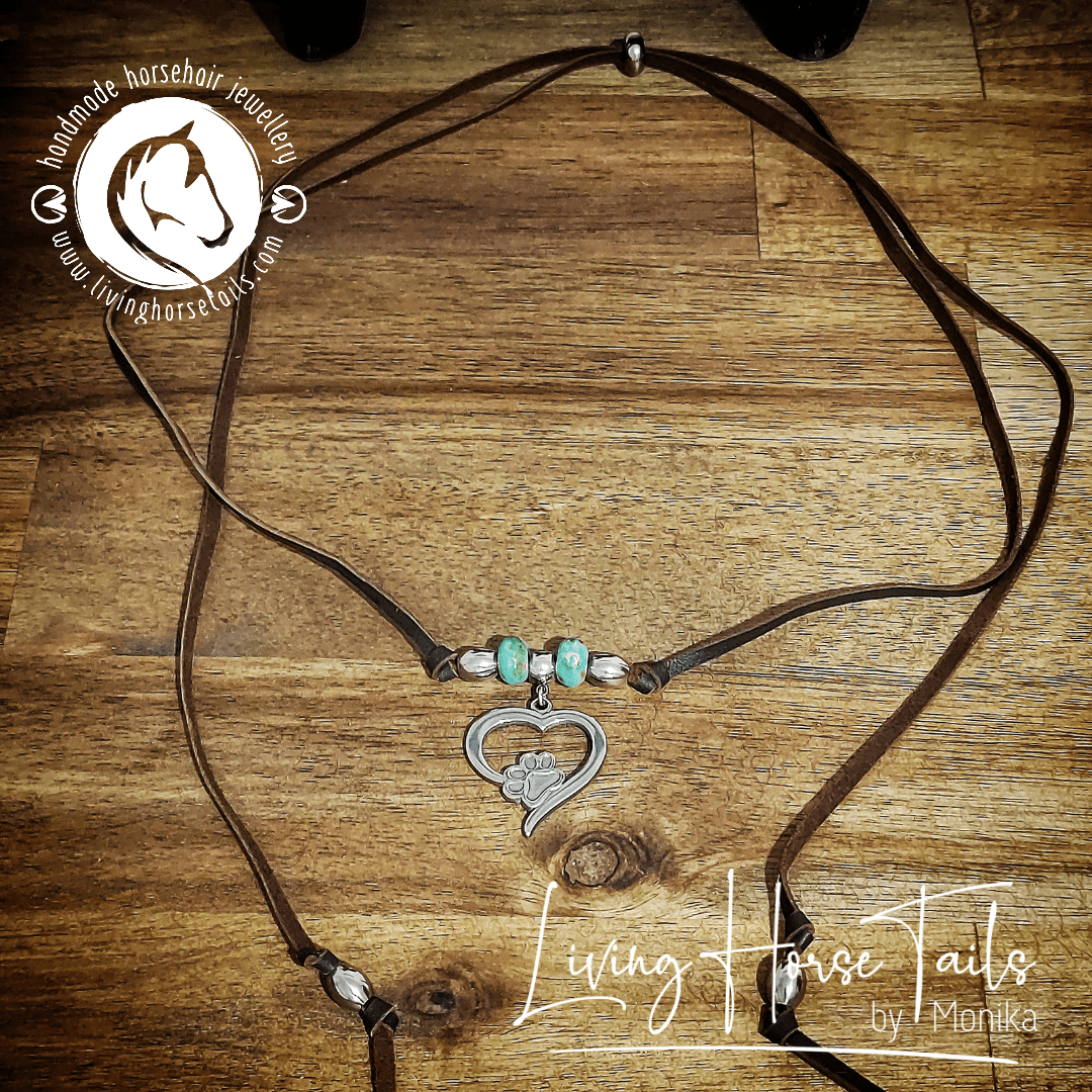 Living Horse Tails Boho Paw print in Heart Leather Necklace with Turquoise & Silver look Beads Custom jewellery Monika Australia horsehair keepsake