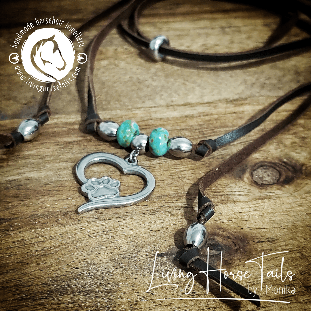 Living Horse Tails Boho Paw print in Heart Leather Necklace with Turquoise & Silver look Beads Custom jewellery Monika Australia horsehair keepsake