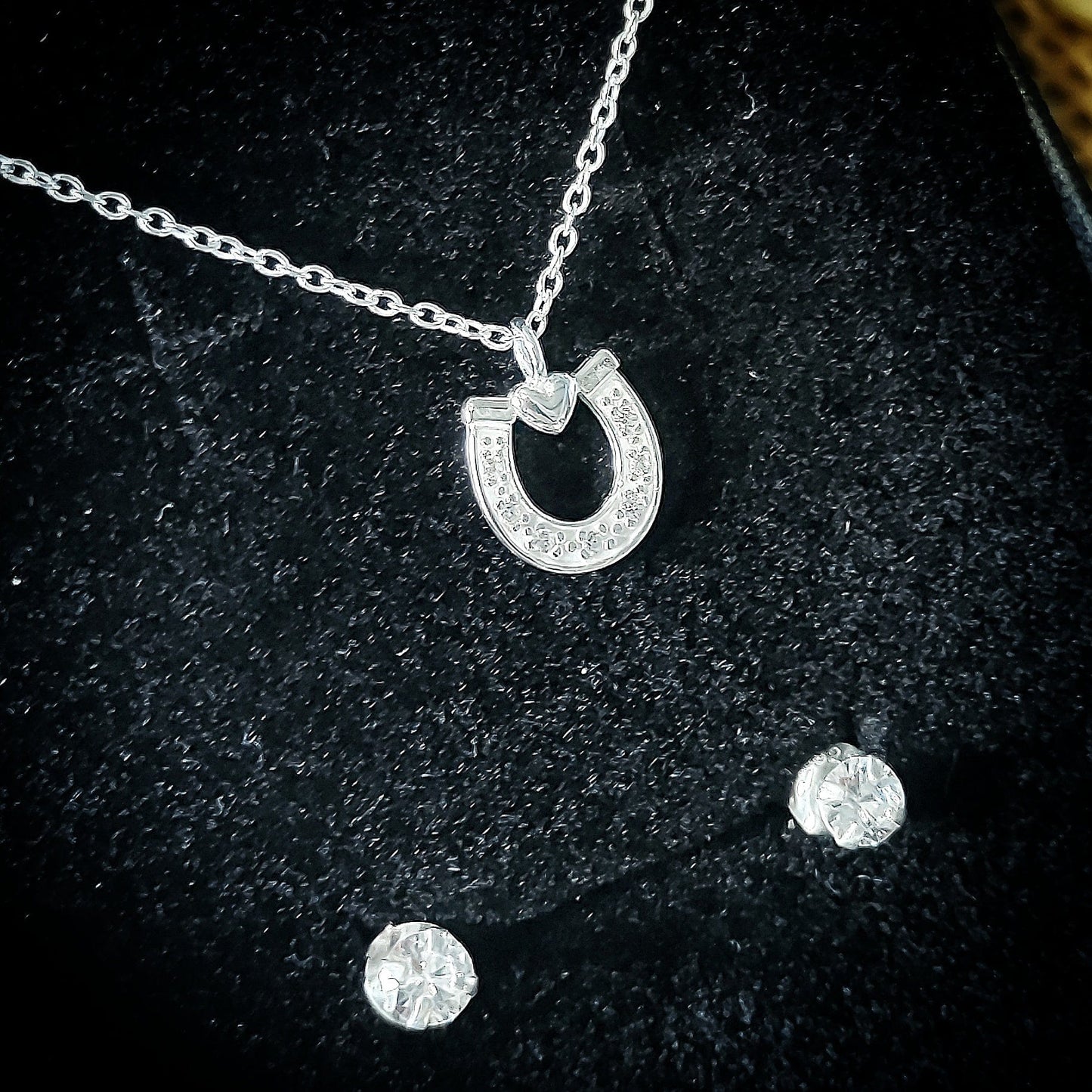 Living Horse Tails Crystal Horseshoe Necklace and earrings Custom jewellery Monika Australia horsehair keepsake