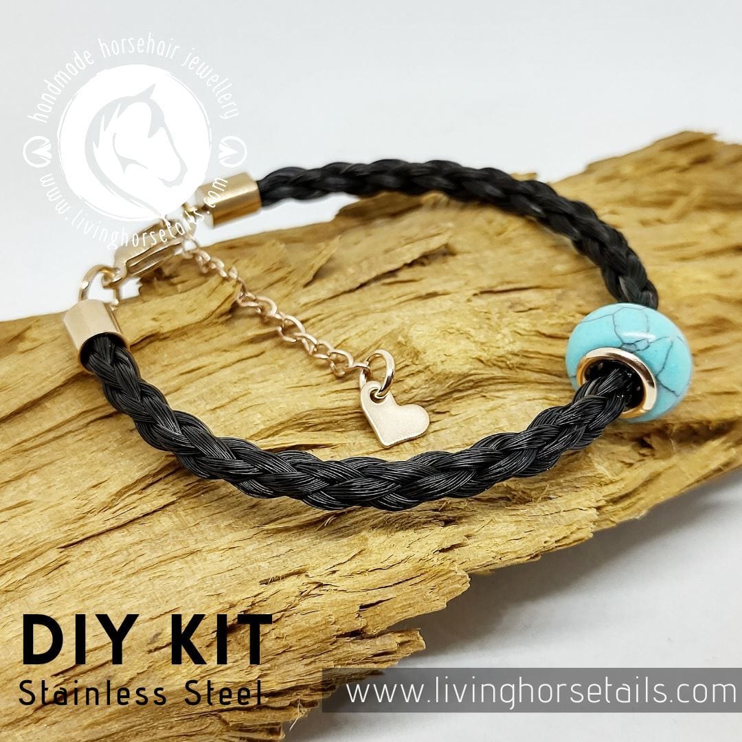 Living Horse Tails DIY Horsehair Bracelet Kit in Stainless Steel (Gold). Turquoise Bead. Custom jewellery Monika Australia horsehair keepsake