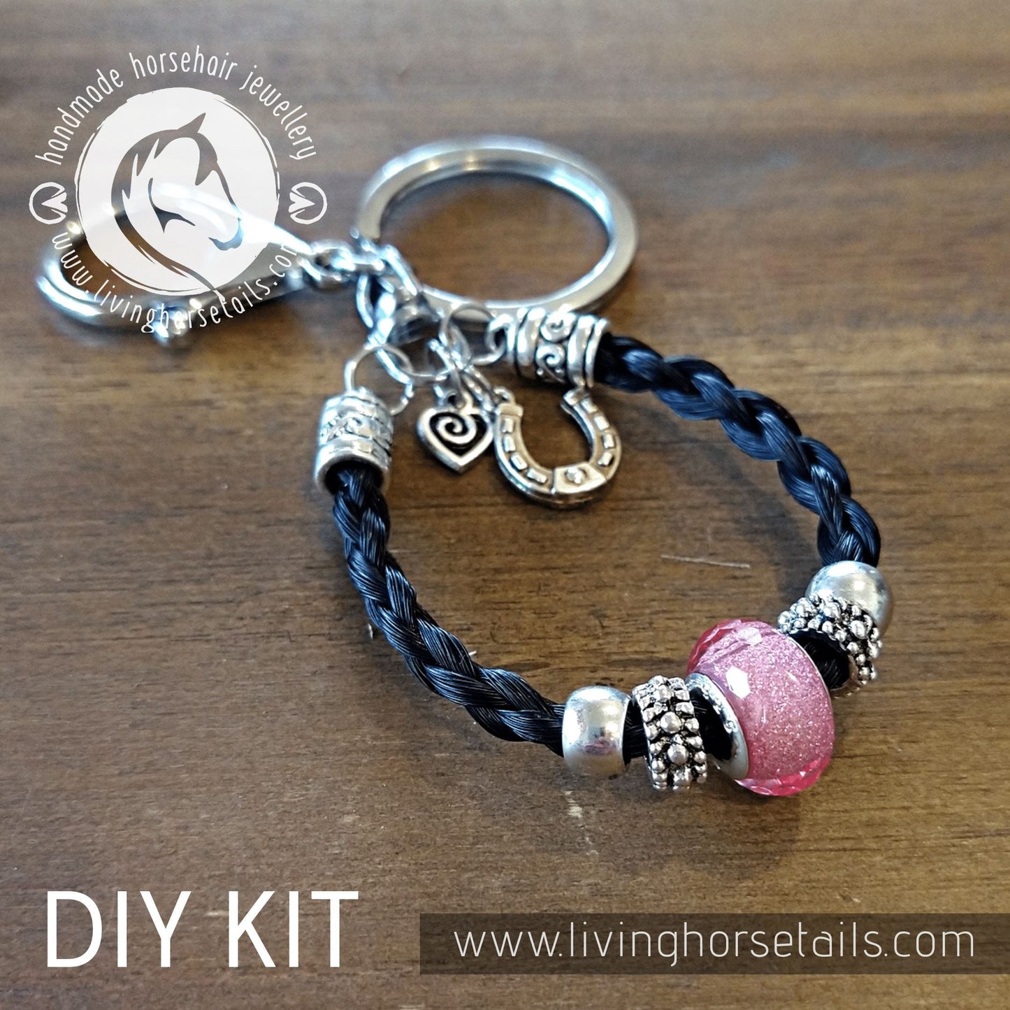 Load image into Gallery viewer, DIY KIT Keyring with acrylic glitter bead. Make your own with Horse tail hair. Bracelet Living Horse Tails Handmade Jewellery Custom Horse Hair Keepsakes Australia
