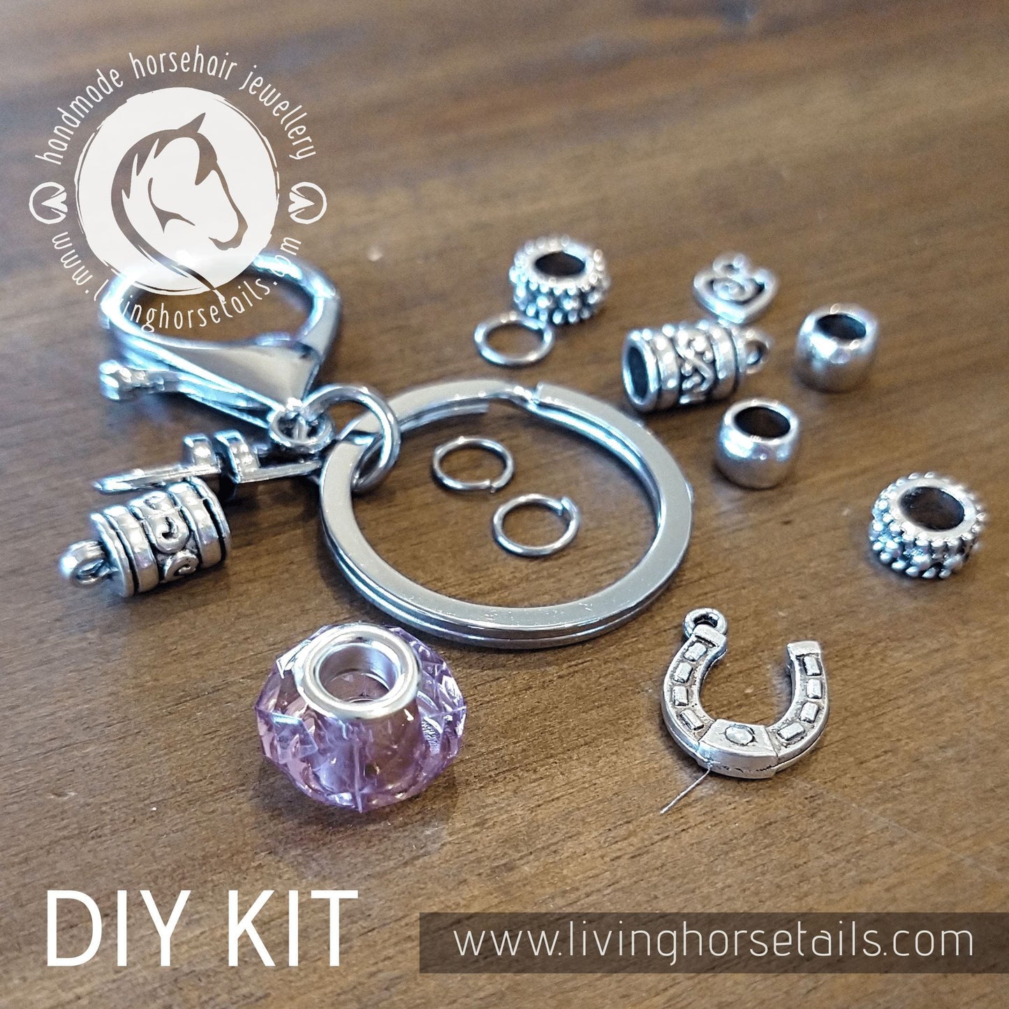 Living Horse Tails DIY KIT Keyring with acrylic glitter bead. Make your own with Horse tail hair. Custom jewellery Monika Australia horsehair keepsake