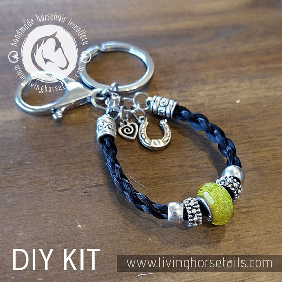 Living Horse Tails DIY KIT Keyring with acrylic glitter bead. Make your own with Horse tail hair. Custom jewellery Monika Australia horsehair keepsake