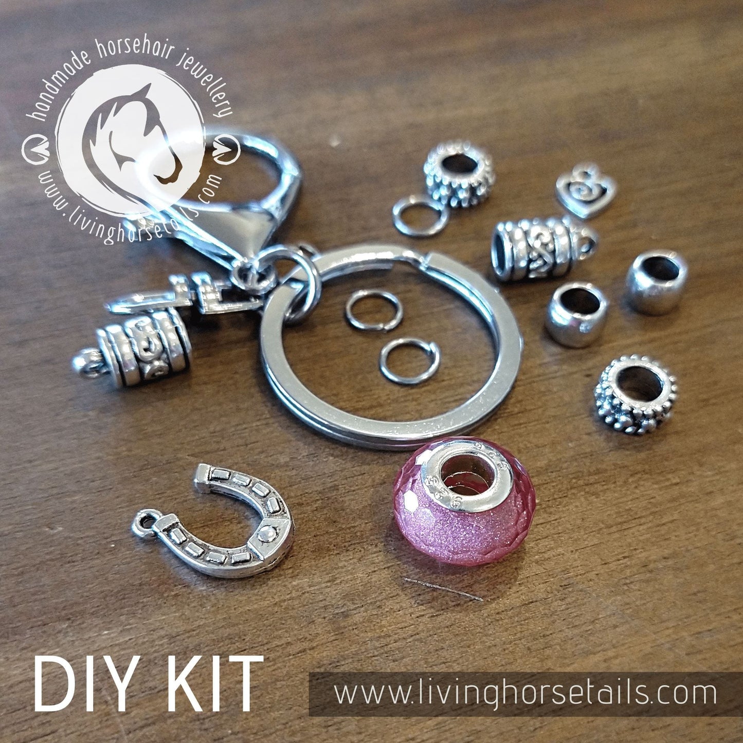 Living Horse Tails DIY KIT Keyring with acrylic glitter bead. Make your own with Horse tail hair. Custom jewellery Monika Australia horsehair keepsake