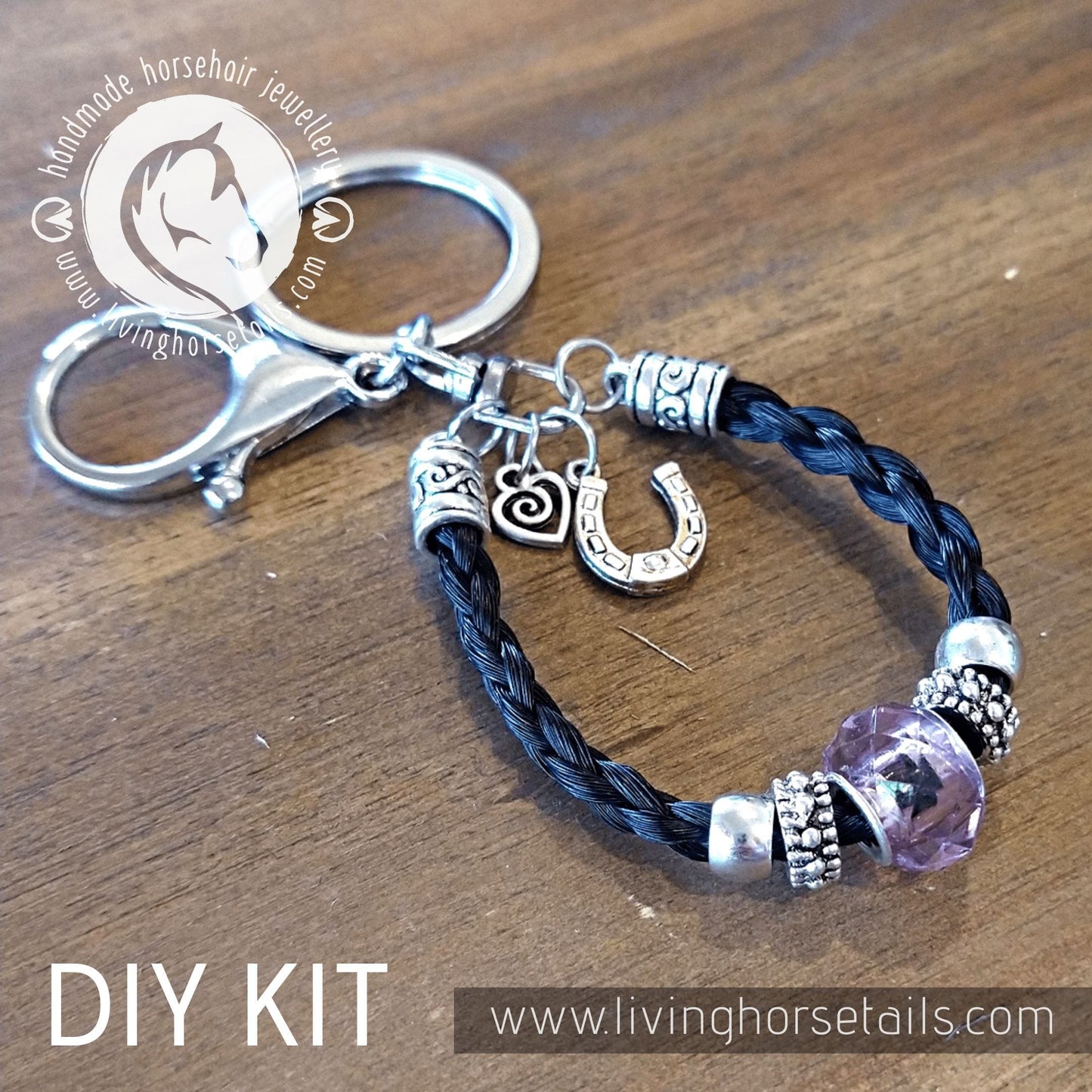 Living Horse Tails DIY KIT Keyring with acrylic glitter bead. Make your own with Horse tail hair. Custom jewellery Monika Australia horsehair keepsake